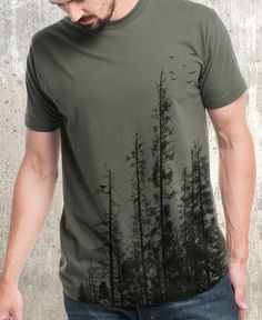 Men's Pine Tree Forest T-Shirt - Screen Printed Men's T-Shirt - American Apparel Nature-inspired Cotton T-shirt With Screen Print, Nature-inspired Relaxed Fit Short Sleeve T-shirt, Relaxed Fit Nature-inspired Short Sleeve T-shirt, Nature-inspired Green Cotton T-shirt, Green Nature-inspired Cotton T-shirt, Green Cotton Nature-inspired T-shirt, Green Nature-inspired Crew Neck T-shirt, Nature-inspired Crew Neck Tops With Screen Print, Pine Tree Forest