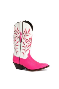 The hottest addition to your western wardrobe: the hot pink Lizard leather cowgirl boot. The white Cow leather on the shaft features intricate decoration that'll leave others staring in awe. the hot pink cow leather underneath creates a bold and daring contrast that screams confidence. Heeled Cowgirl Boots, Grotto Falls, Pink Lizard, Western Wardrobe, Mini Frock, Leather Cowgirl Boots, Cowgirl Boot, Spot Lights, Pink Cow