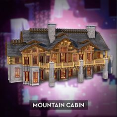 the mountain cabin is made out of wood and has many windows, doors, and balconies