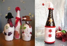 there are three wine bottles decorated to look like snowmen, one with hats and scarfs