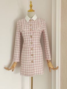 Extended processing time required. This item may take an extra 5-10 days for production. Give off major Barbie vibes in this wool blend tweed button up dress with a pink and white gingham checkered pattern, gold buttons and a simple yet chic collar. Has shimmery threading. S: 33" chest, 30" waist, 31" length M: 34.5" chest, 31.5" waist, 31" length L: 36" chest, 33" waist, 31.5" length Barbie Vibes, Button Up Dress, Checkered Pattern, Threading, Gold Buttons, Dress Pink, Pink And White, Pink Dress, 10 Days