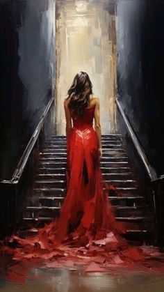 a painting of a woman in a long red dress walking down the stairs with her back to the camera