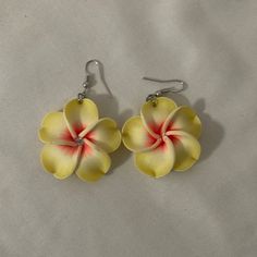 Plumeria Earrings Elegant Yellow Beach Jewelry, Elegant Yellow Flower Earrings For Summer, Elegant Yellow Jewelry For The Beach, Summer Single Yellow Earring, Yellow Hoop Earrings For Summer Beach, Yellow Casual Jewelry For Vacation, Casual Handmade Yellow Earrings, Casual Yellow Earrings For Summer, Casual Yellow Earrings Perfect For Gifts