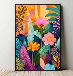 a colorful painting with flowers and leaves on the wall