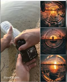 a person holding a camera in their hand near the water and some images of sunsets