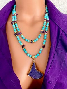 Turquoise and Amethyst Layered Necklace Set with Variscite Pendant Blue Amethyst Pendant Necklaces, Blue Amethyst Pendant Necklace, Blue Amethyst Hand-strung Jewelry, Handmade Blue Amethyst Crystal Necklaces, Spiritual Turquoise Jewelry With Gemstone Accents, Handmade Blue Amethyst Crystal Necklace, Spiritual Amethyst Jewelry In Blue, Spiritual Amethyst Blue Jewelry, Spiritual Blue Amethyst Jewelry