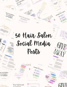 the words 50 hair salon social media posts on top of a white background with black and purple