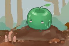 a green apple sitting on top of a pile of dirt next to a forest filled with trees