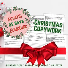 printable christmas copywork worksheets with red ribbon