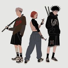 three anime characters standing next to each other, one holding two swords and the other wearing black