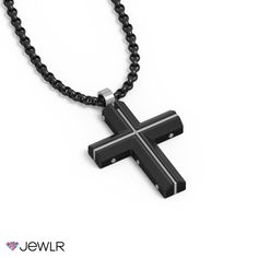 Create a unique expression of personal style with our modern black cross pendant. Our necklace features a black ion-plated steel cross with a choice of stainless steel or yellow ion-plated steel detailing and a 22" matching chain. Personalize yours with a meaningful engraving for the ideal birthday, holiday, or celebration gift for yourself or someone special. Black Metal Cross Chain Necklace, Black Metal Cross Necklace, Black Cross Necklace Mens, Black Stainless Steel Crucifix Necklace, Steel Detailing, Black Stainless Steel Cross Pendant Jewelry, Steel Cross, Steel Detail, Black Cross