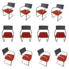 six different types of chairs with red seats and one black chair, all in different positions