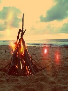 a fire pit made out of sticks on the beach