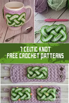 crochet patterns for celtic knot mug rugs and potholders with text overlay that says, 1 celtic knot free crochet patterns