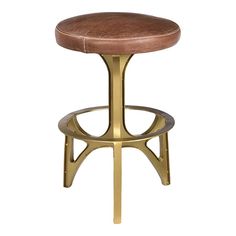 a stool with a brown leather seat and gold metal frame, against a white background