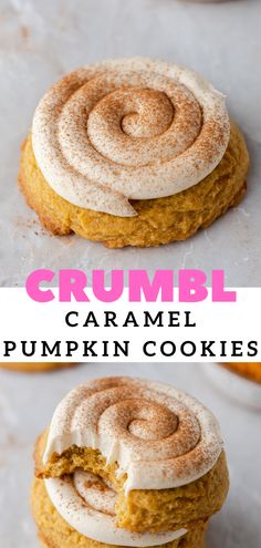 two images of pumpkin cookies with cream cheese frosting on top and the same cookie in between