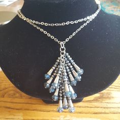 Long  necklace on a silver chain with a blue and silver beaded tassel. Beaded Necklaces, Crystal Cluster, Blue And Silver, Long Necklace, Tassel Necklace, Favorite Jewelry, Silver Chain, Necklace Etsy, Beaded Jewelry