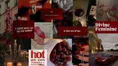 a collage of photos with wine, candles and other things in them that are red