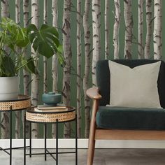 a living room with green wallpaper and white birch trees on the wall, along with two side tables