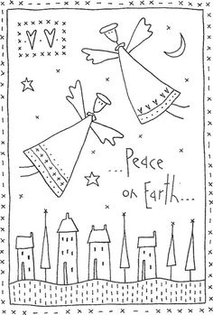 a black and white drawing with the words peace on earth written below an angel flying in the sky