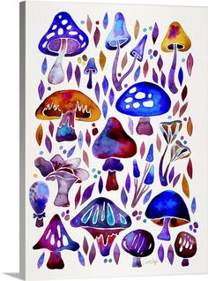 a painting of many different types of mushrooms on a white background with blue and purple colors