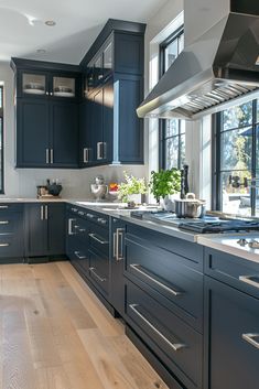 a large kitchen with blue cabinets and wood flooring is pictured in this image from the front view