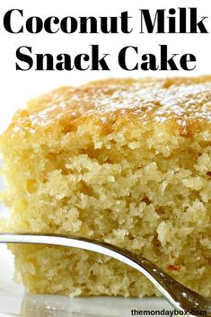 a piece of coconut milk snack cake on a plate with a fork