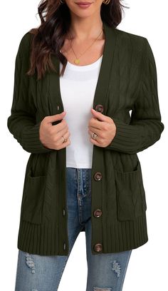 PRICES MAY VARY. US SIZE:Small=(US 4-6),Medium=(US 8-10),Large=(US 12-14),X-Large=(US 16-18),XX-Large=(US 20-22) Features : knit cardigan sweater for women,winter chunky cardigan sweater,maternity sweater cardigan,long sleeve,elastic ribbed cuffs,cable knit detailed,open front,button closure design,below hip length,ribbed hem,basic,boyfriend cardigan sweater,loose,Stylish. Occasion:casual,party,home,office,dating,shopping,vacation,school,walking,picnic,These button cardigans will be a must-have Long Sleeve Sweater With Buttoned Pockets For Fall, Green Button Sweater For Fall, Green Buttoned Sweater For Fall, Long Sleeve Sweater With Snap Buttons For Fall, Fall Sweater With Snap Buttons And Long Sleeves, Fall Long Sleeve Sweater With Snap Buttons, Fall Green Sweater With Buttons, Green Button-up Cardigan With Pockets, Green Sweater With Button Closure For Fall