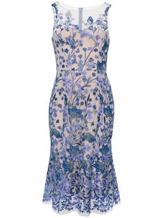 royal blue tulle concealed rear zip fastening boat neck floral embroidery fitted waistline flared hem below-knee length Midi Dress Blue, Blue Tulle, Wardrobe Edit, Exclusive Fashion, Blue Midi Dress, Marchesa, Lady Dior, Cocktail Dress Party, Dress Blue