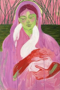 a painting of a woman holding a baby in her arms with pink and green background