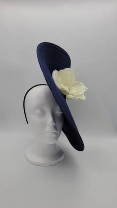 Magnolia Elegant Navy Fascinator Kentucky Derby Hat | Etsy Navy Curved Brim Formal Hat, Navy Formal Hat With Curved Brim, Elegant Navy Wide Brim Hat, Elegant Fitted Flower Costume Hats And Headpieces, Formal Fascinator Hat With Handmade Flowers, Elegant Navy Hats With Curved Brim, Formal Hat Fascinator With Handmade Flowers, Elegant Navy Hat With Curved Brim, Handmade Flower Fascinator For Formal Events