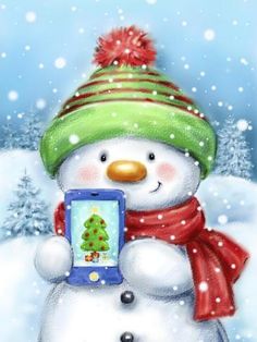 a snowman holding a cell phone with a christmas tree on it's screen