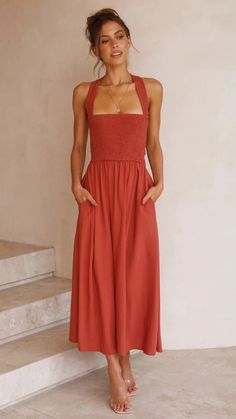 Orange Red Minimal Sleeveless Midi Dress – Gabi Swimwear Backless Dress Summer, Orange Maxi Dress, Sleeveless Outfit, Bandage Midi Dress, Flowing Dresses, Sling Dress, Midi Dress Summer, Midi Dress Sleeveless, Tie Dress