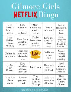 a game board with the words,'gilmore girls netflix bingo '