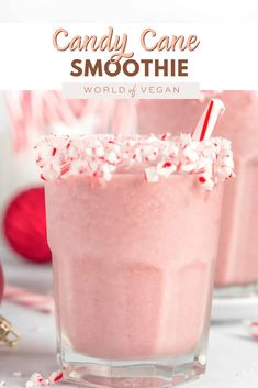 candy cane smoothie in a glass with the words, world of vegan