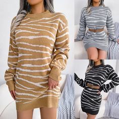 Streetwear Casual Tiger Long Sleeve Underlay Sweater Dresses Beige Crew Neck Sweater Dress For Spring, Trendy Crew Neck Winter Dress, Oversized Crew Neck Sweater Dress, Trendy Crew Neck Dresses For Winter, Trendy Winter Crew Neck Dress, Spring Crew Neck Sweater Dress, Sweater Dresses, Streetwear Casual, Long Sleeve Sweater Dress