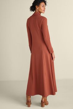 Soft, jersey knit flows effortlessly from turtleneck to ankle length. Adorned with buttons at the cuffs for a romantic accent. On-seam, kangaroo pocket. Knit Maxi Dress, Maxi Knit Dress, A Romantic, Ankle Length, Kangaroo Pocket, Knit Jersey, Kangaroo, Turtle Neck, Maxi Dress