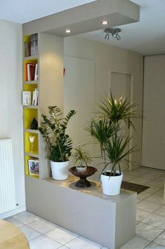 three potted plants are sitting on a ledge in the middle of a living room