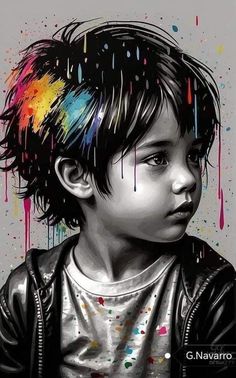 a painting of a young boy wearing a leather jacket with colorful hair on his head