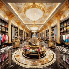 the inside of a clothing store with marble flooring and chandeliers on display