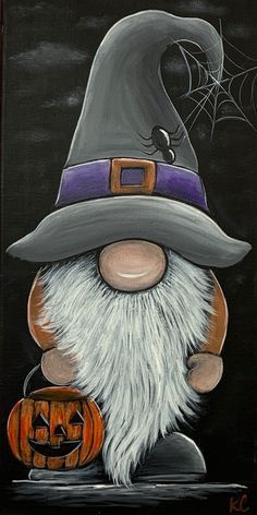 a painting of a gnome holding a jack o lantern