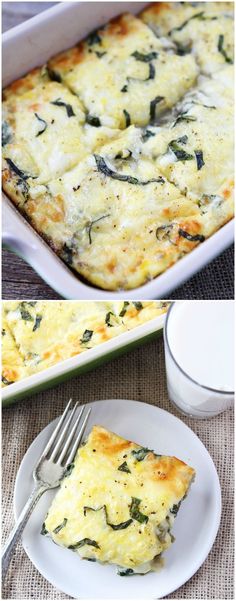 a casserole dish with spinach and cheese on it next to a fork