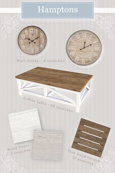 the instructions for how to build a coffee table with two clocks on each side and four different pieces of wood below