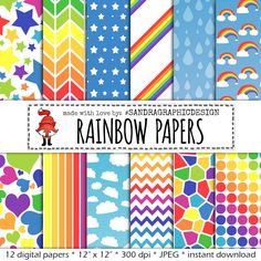 rainbow digital paper pack with different patterns and colors