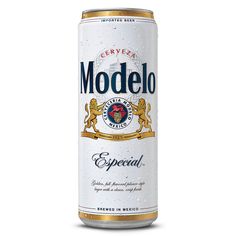 a can of modelo beer on a white background