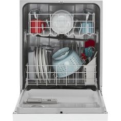 an open dishwasher with dishes in it