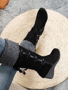 Women's Faux Suede Boot with Fuzzy Panel and Tassel and Stud Accents
 #pomonaandpeach #boho #fresh #NewArrivals #fashion #popular #BohoChic Casual Winter Boots With Fringe, Casual Fringe Winter Boots, Casual Winter Fringe Boots, Winter Suede Wedge Boots With Round Toe, Winter Fringe Boots With Round Toe, Winter Fringe Ankle Boots, Synthetic Boots With Faux Fur Trim For Fall, Fall Boots With Faux Fur Trim And Synthetic Material, Winter Suede Boots With Tassels