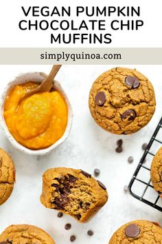 vegan pumpkin chocolate chip muffins on a cooling rack