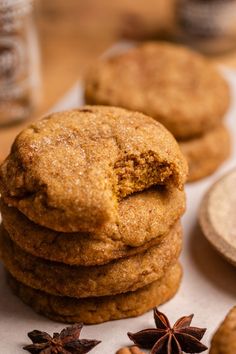 A stack of pumpkin cookies with a bite taken out of the top cookie. Pumpkin Spice Cookie Recipe, Colorful Cookies, Soft Pumpkin Cookies, Gf Cookies, Baking List, Pumpkin Treats, Pumpkin Spice Cookies, Christmas Baking Recipes, Chill Time