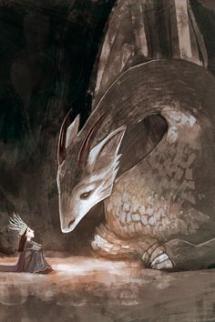 a painting of a dragon sitting next to a woman